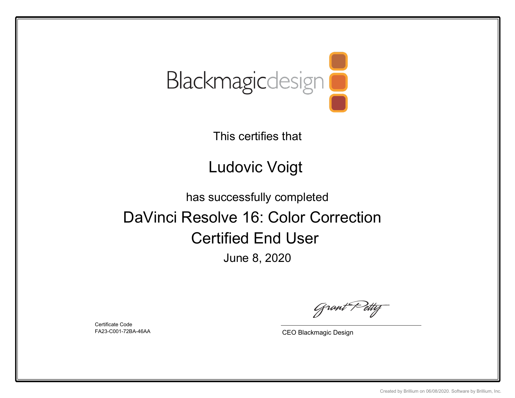 Certification Blackmagic Design — DaVinci Resolve : Color Correction, délivrée à Ludovic Voigt