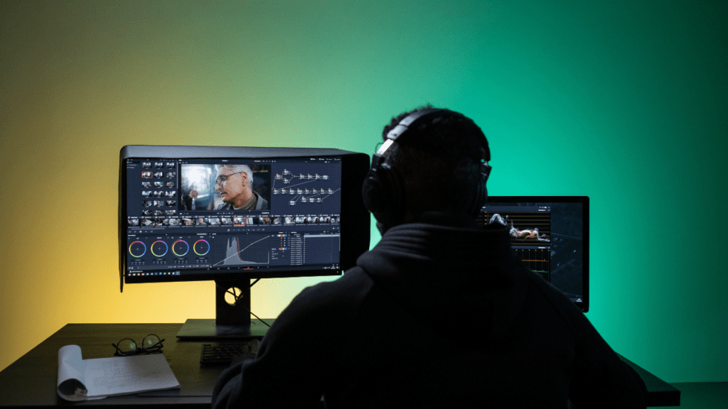 Pc de bureau avec deux écrans pour montage vidéo