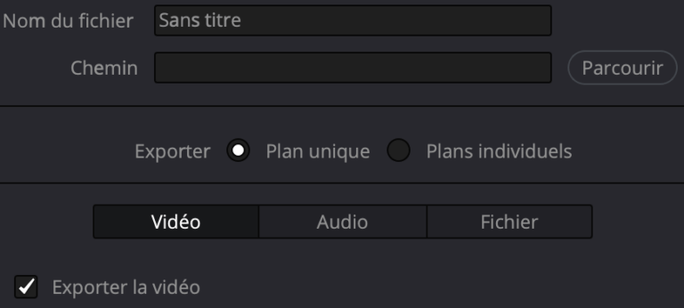 Onglet Vidéo page Exportation