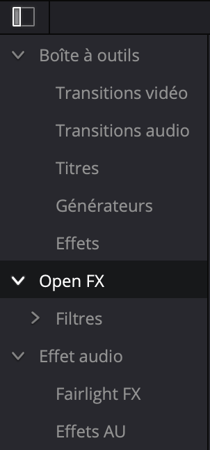 Onglet Open FX dans DaVinci Resolve