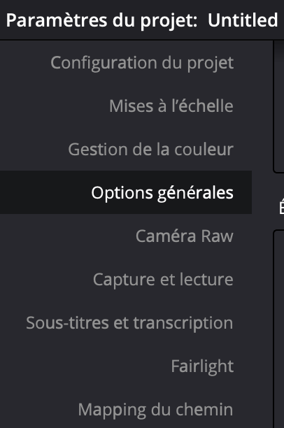 Options générales paramètres du projet