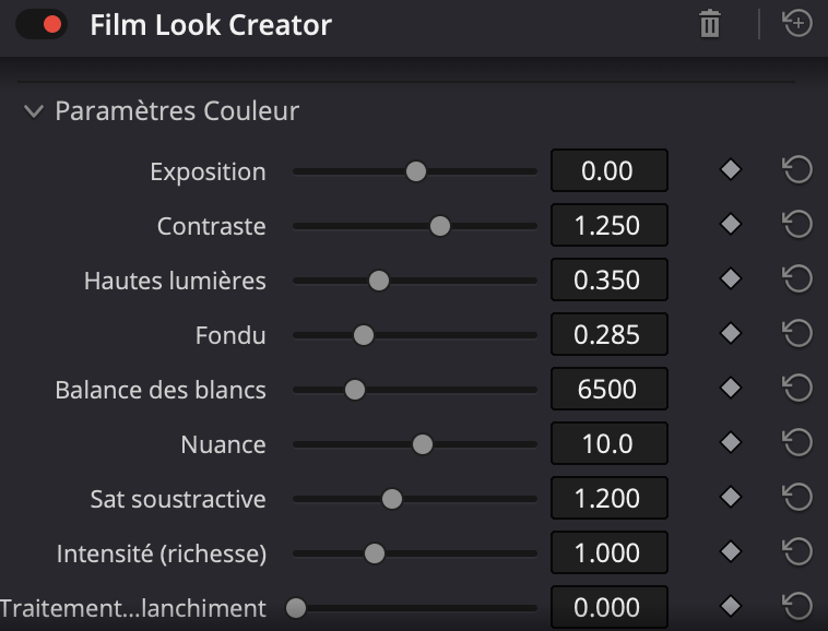 Paramètres couleur Film Look Creator