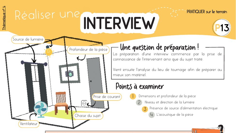 Fiche mémo Réaliser une interview — préparation du lieu, lumière, alimentation et acoustique de la pièce